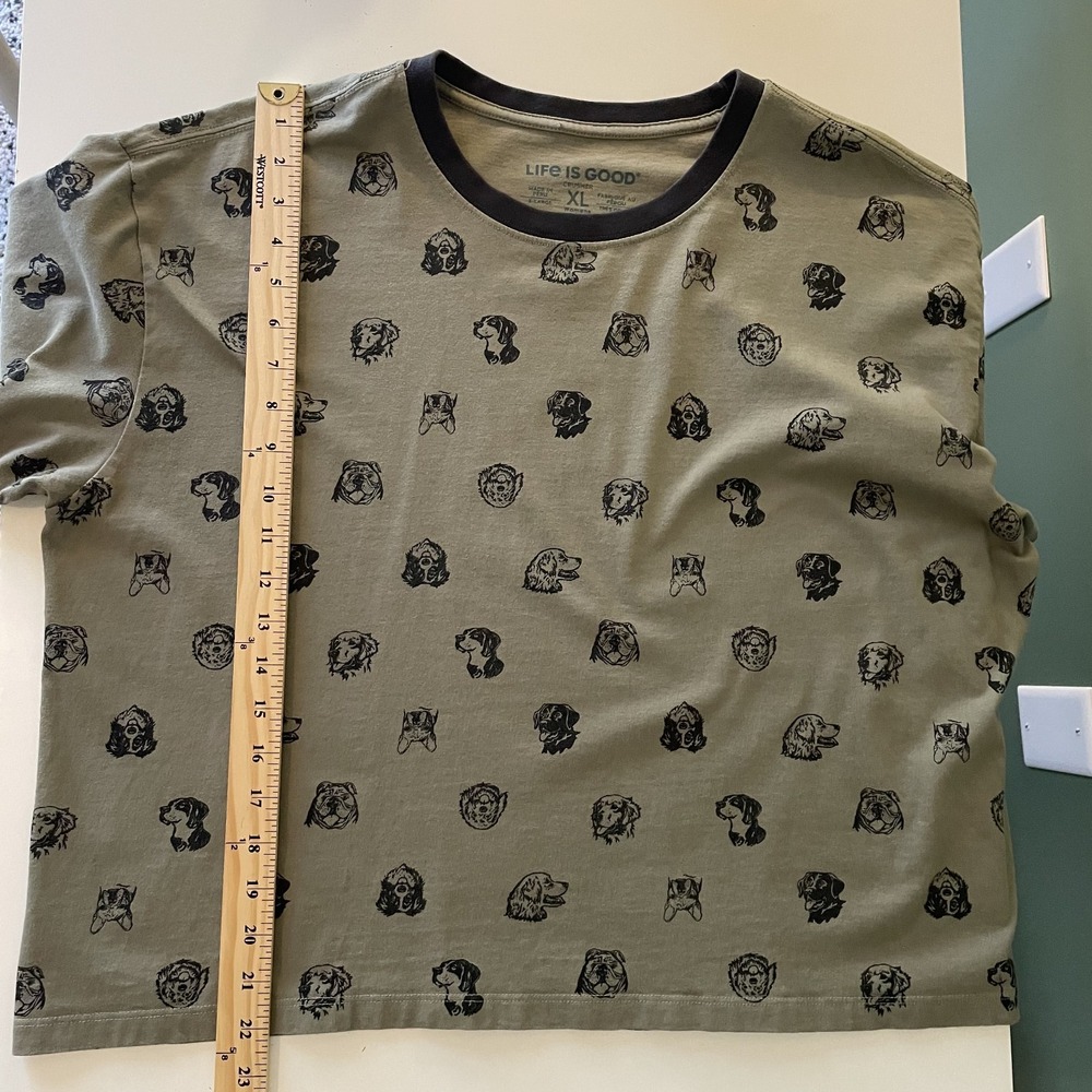 Life is Good Womens Boxy Crusher Tee Dog Graphic Green XL Novelty All Over Print - Picture 10 of 10